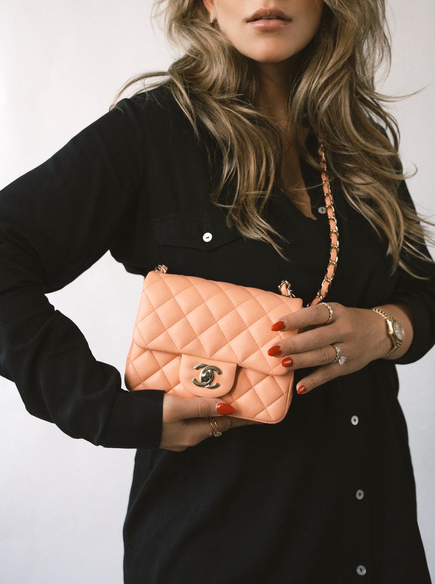 Peach Lambskin Quilted Mini Square Flap LGHW