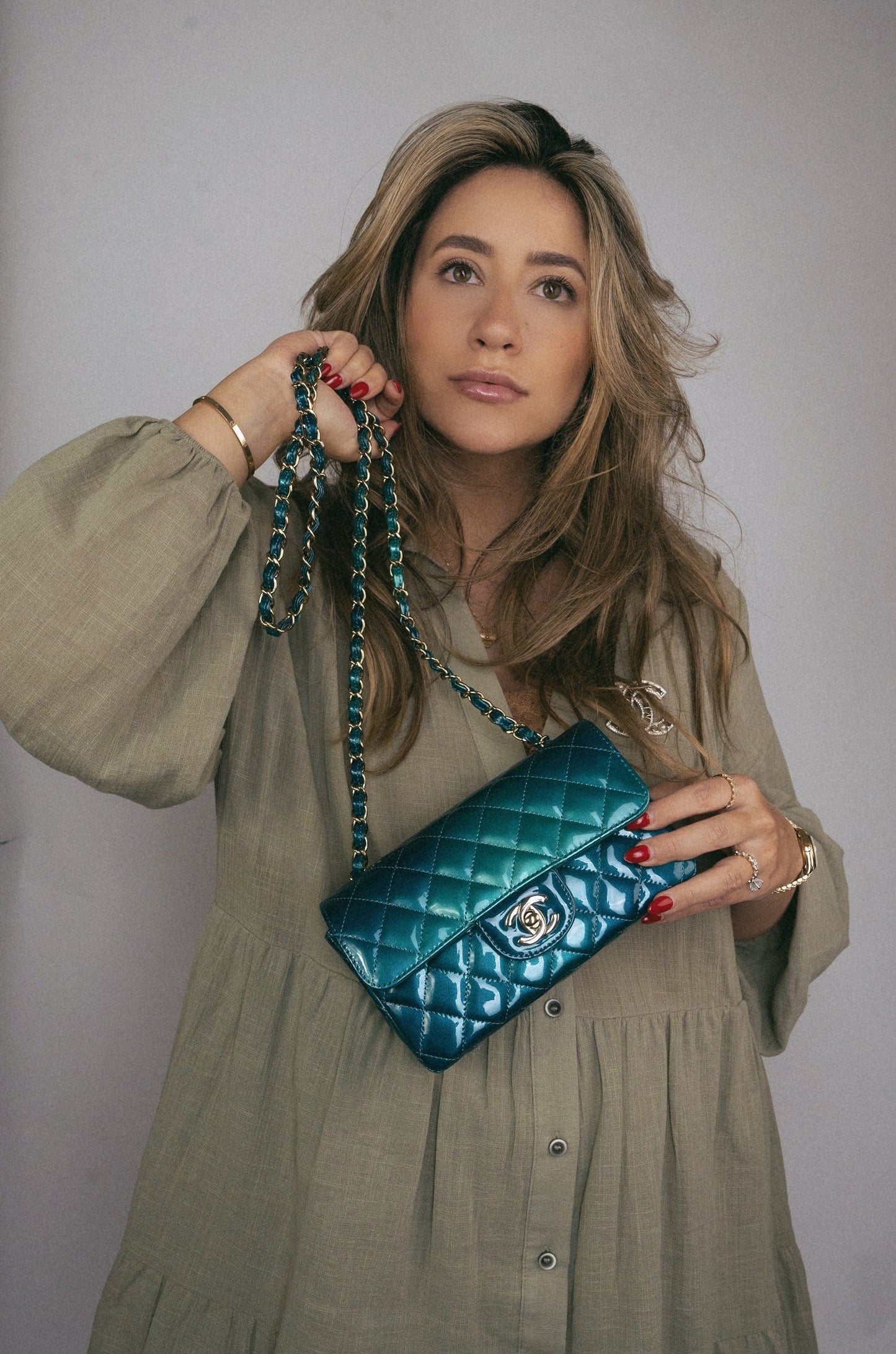 23P Multi Tone Green Patent Quilted Mini Rectangular Flap Light Gold Hardware