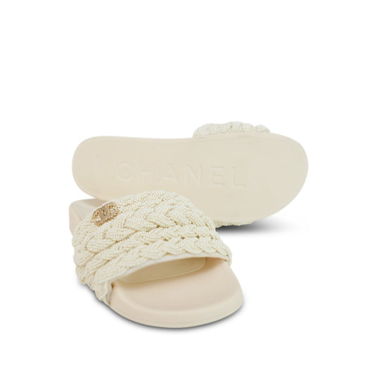 Pearly White Bead Braided Slide Sandals Size 38
