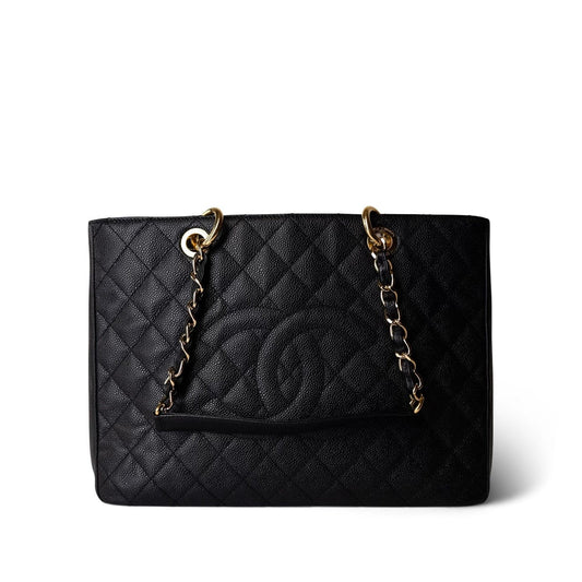 Black Caviar Quilted Grand Shopping Tote Gold Hardware