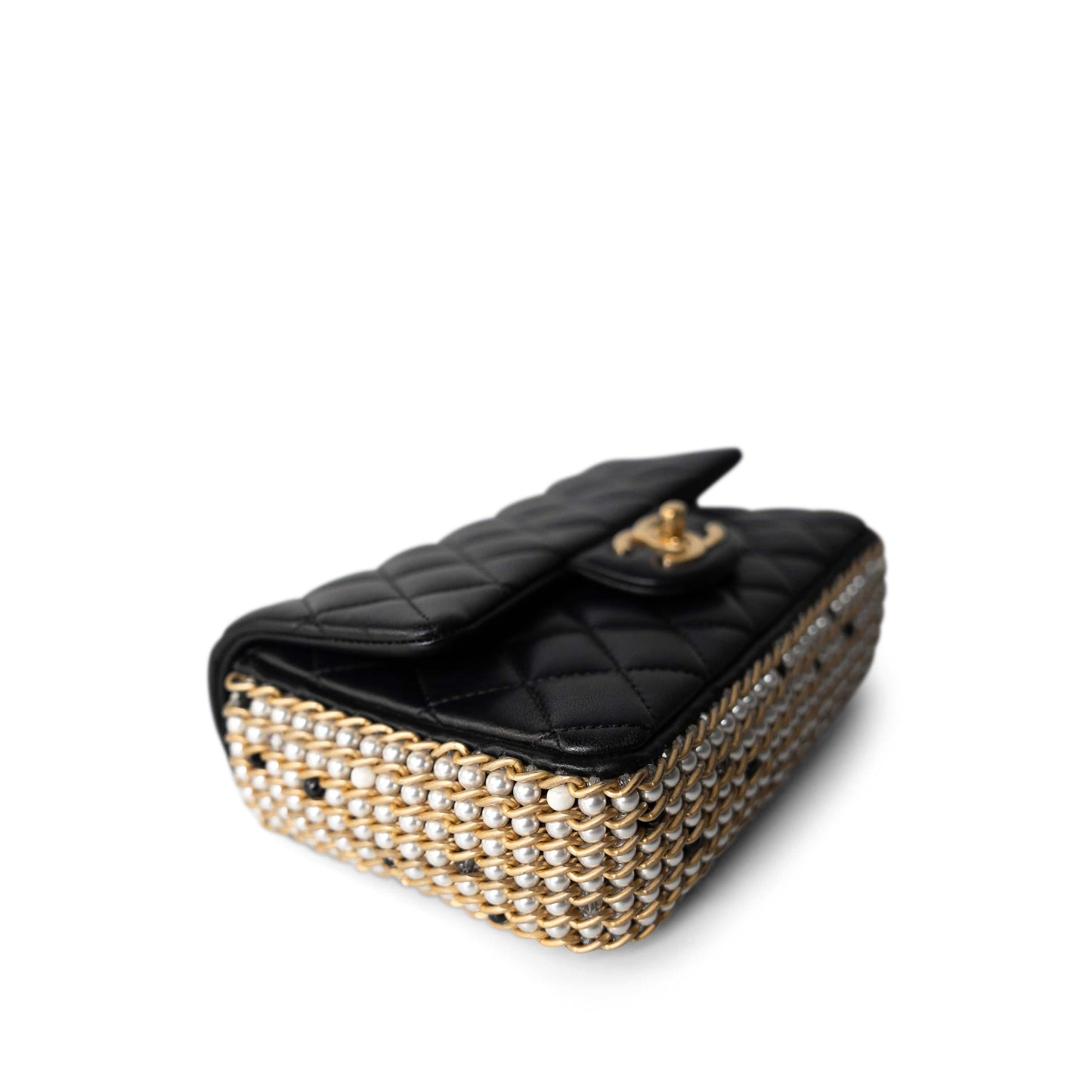 Black Lambskin Quilted Mini River of Pearls Flap Bag Aged Gold Hardware