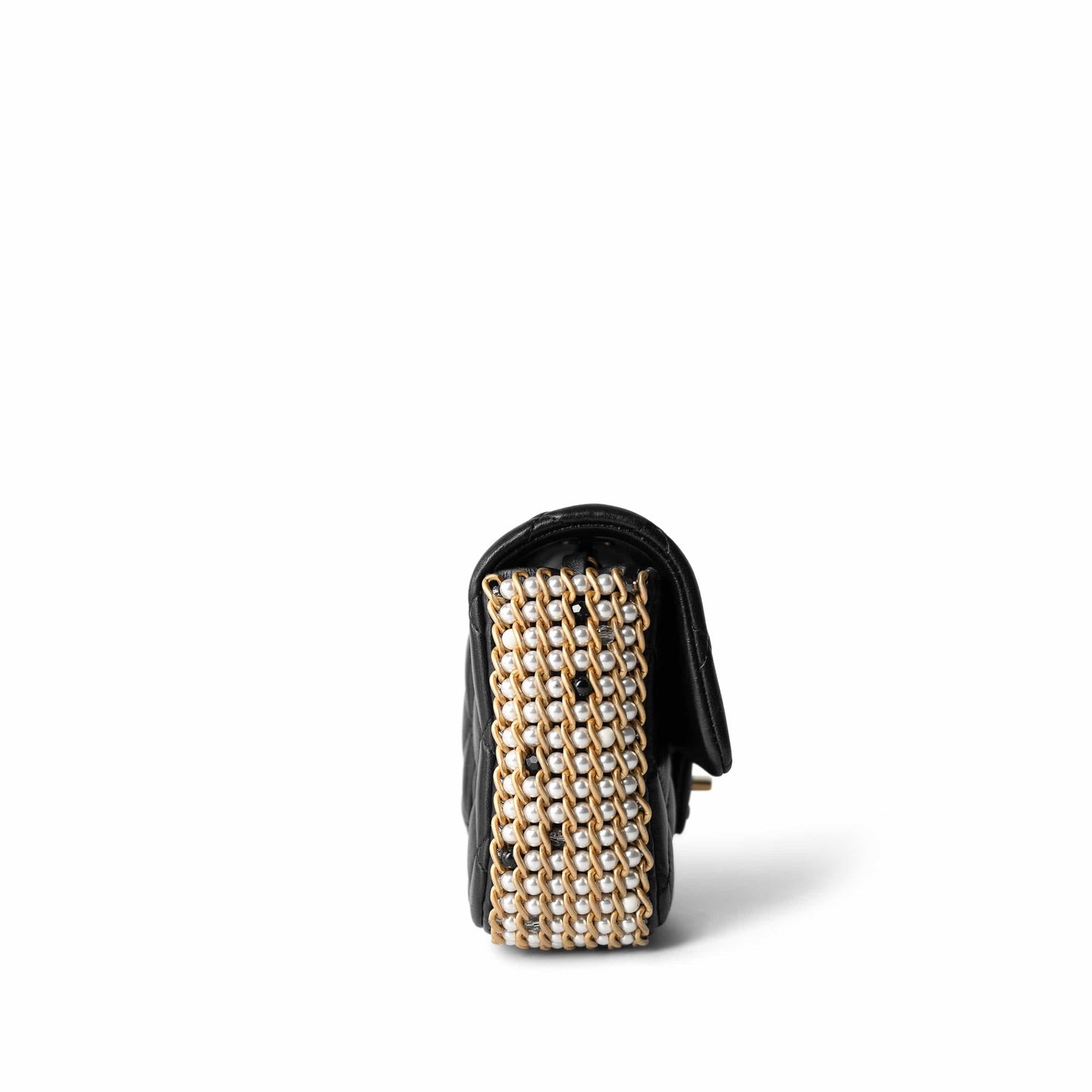 Black Lambskin Quilted Mini River of Pearls Flap Bag Aged Gold Hardware