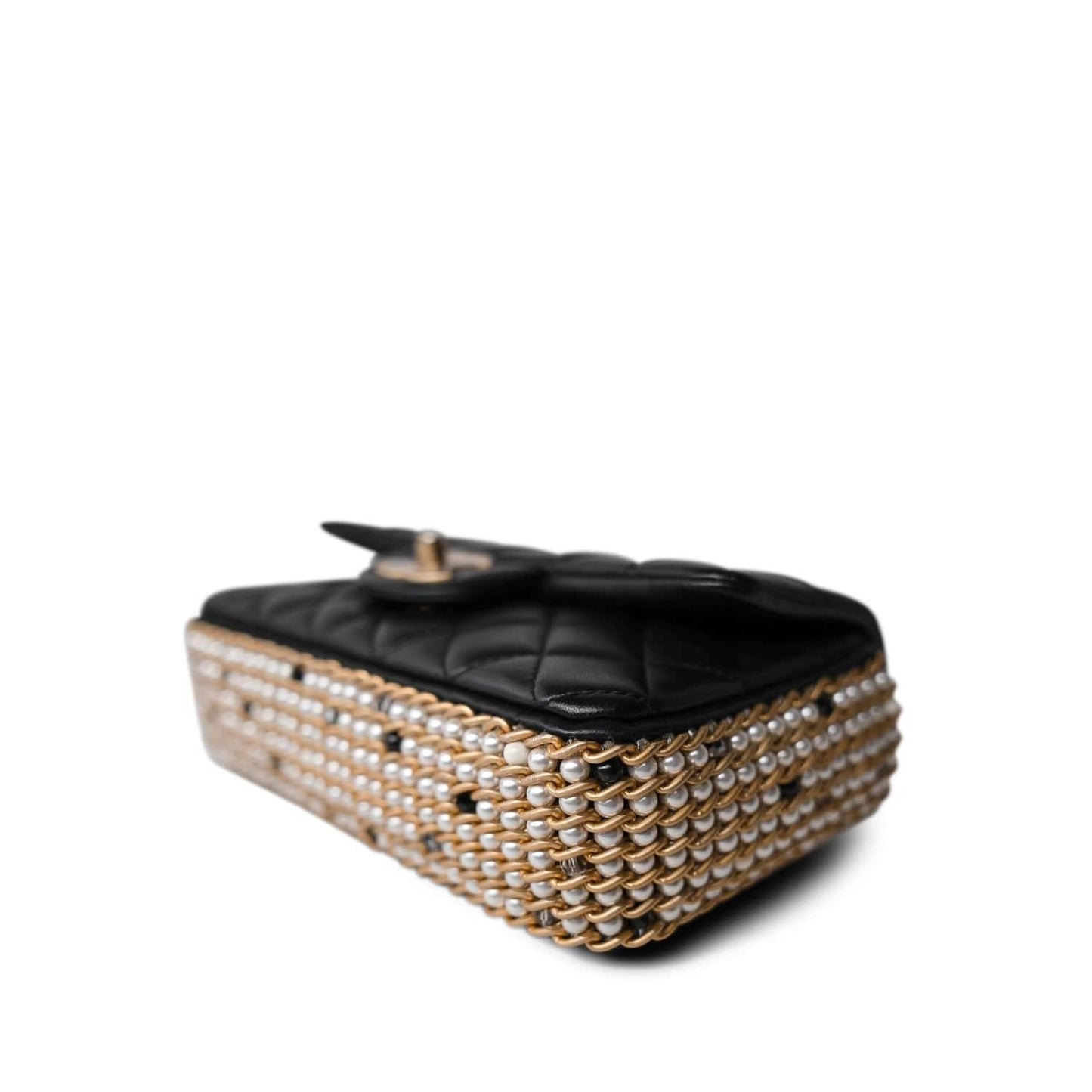 Black Lambskin Quilted Mini River of Pearls Flap Bag Aged Gold Hardware