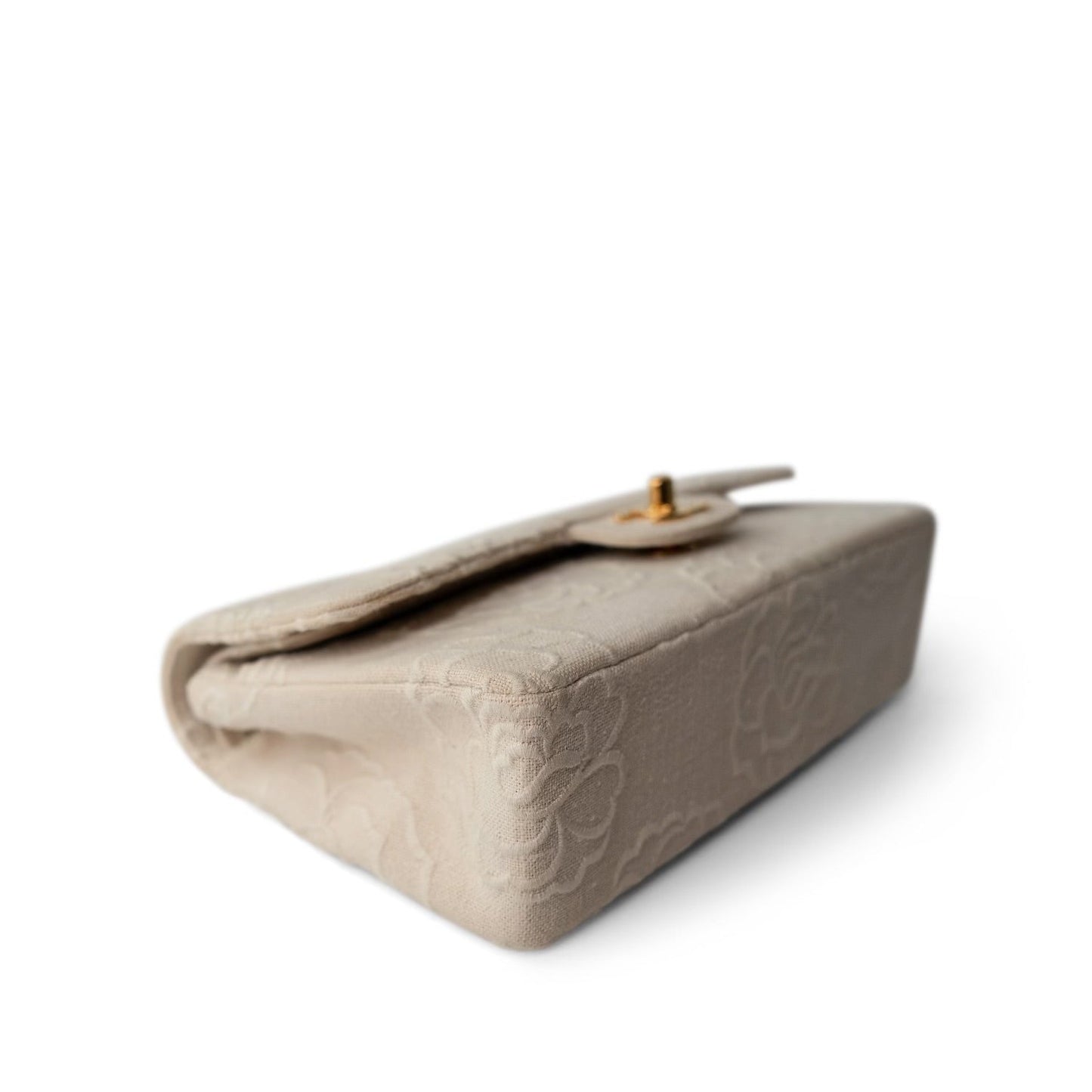 Ivory Canvas Camellia Classic Double Flap Gold Hardware