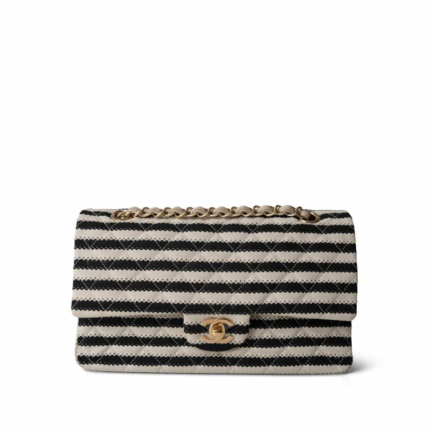 Ivory/Black Striped Coco Sailor Pearl Classic Flap Bag Gold Hardware