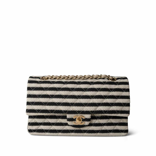 Ivory/Black Striped Coco Sailor Pearl Classic Flap Bag Gold Hardware