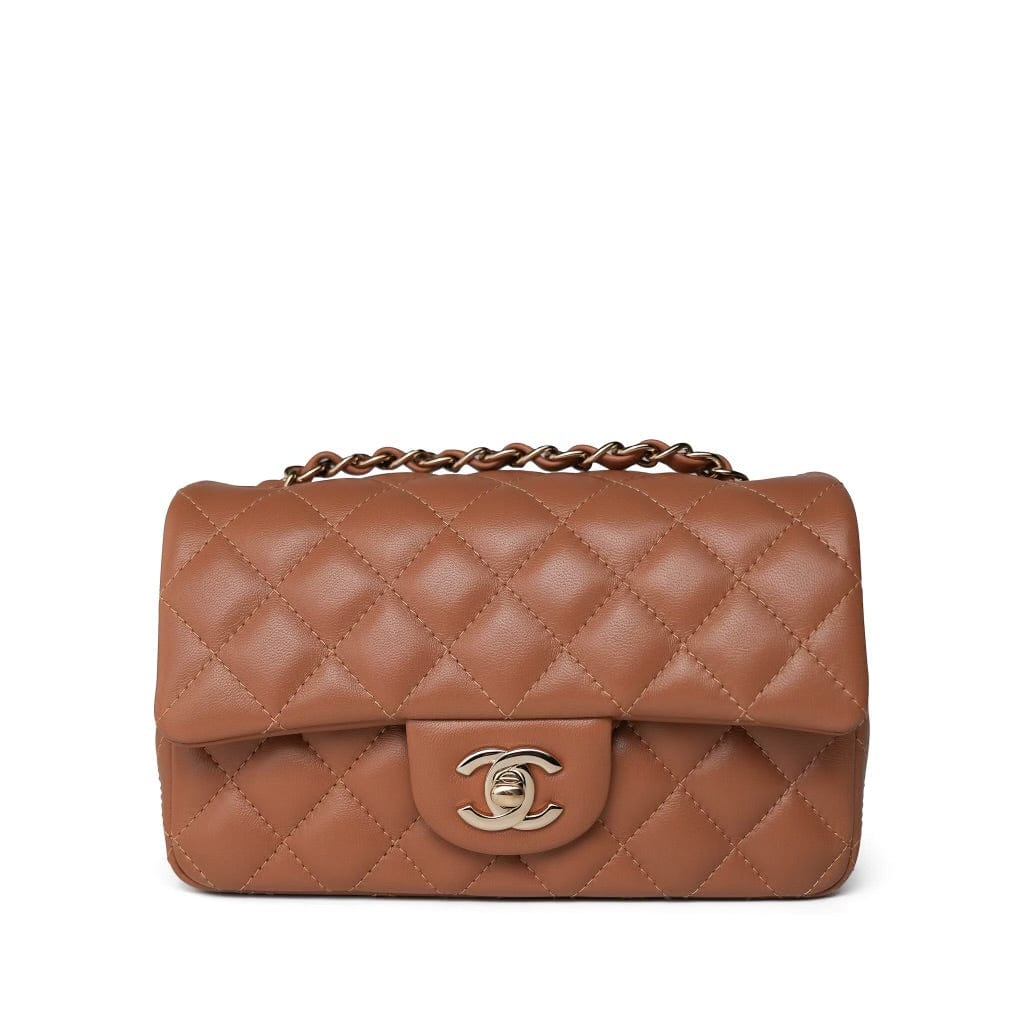 22S Caramel Lambskin Quilted Mini Rectangular Flap Light Gold Hardware