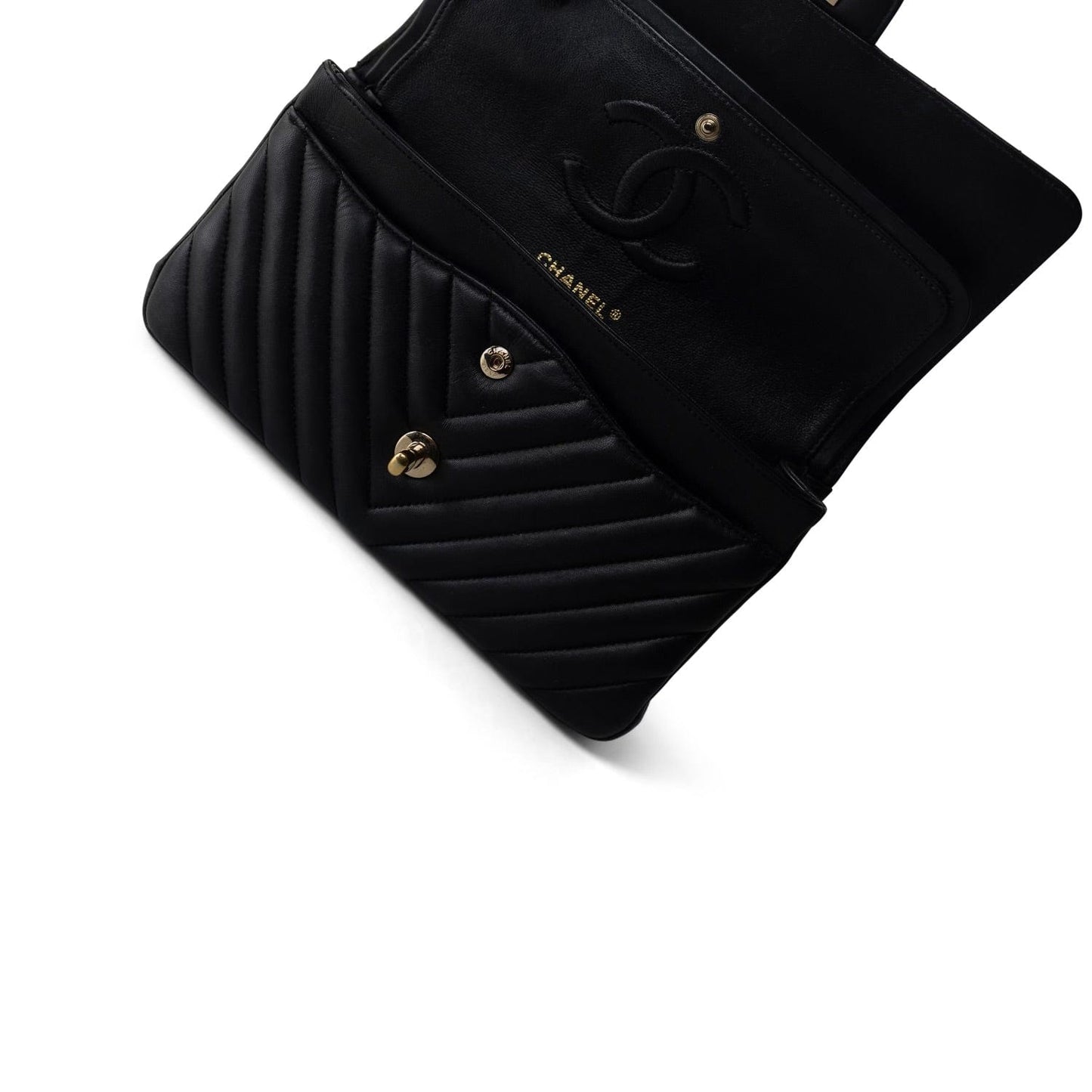 Black Lambskin Chevron Medium Classic Flap Light Gold Hardware