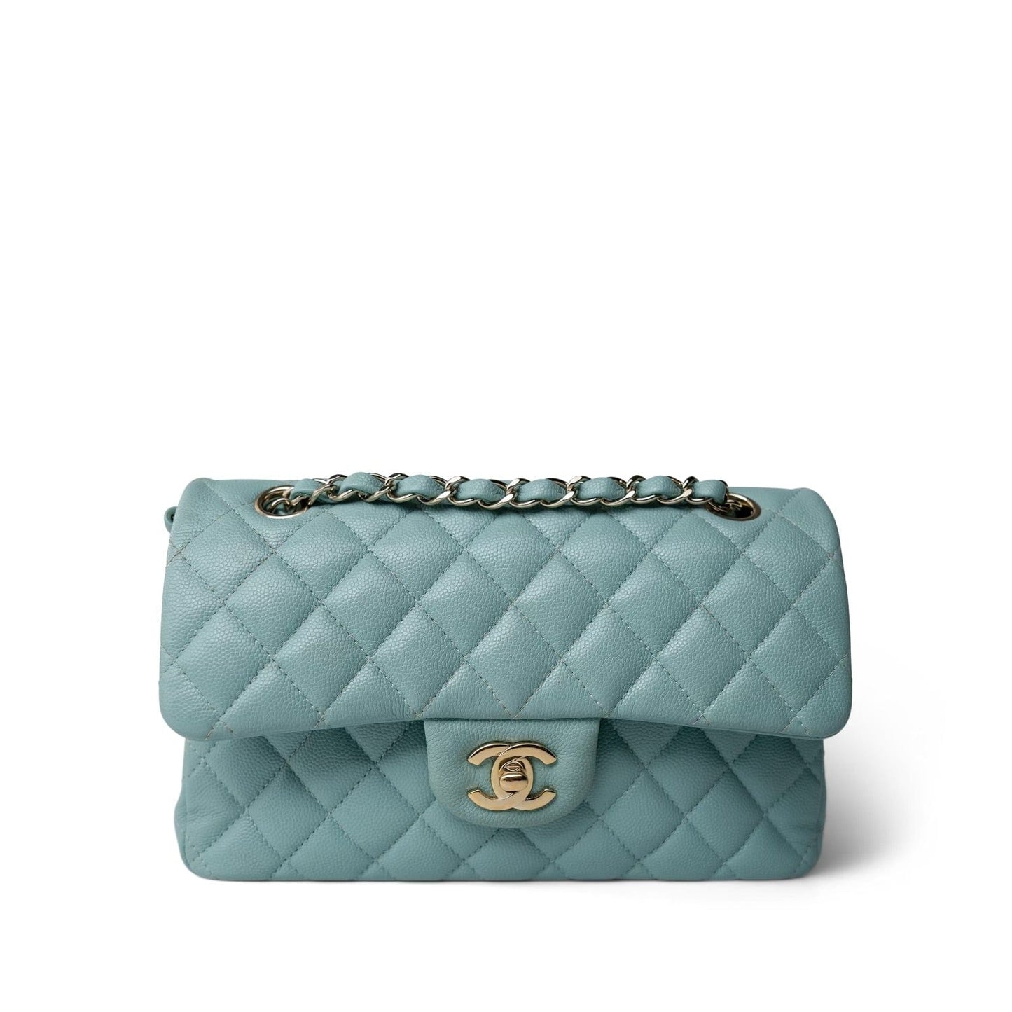 20c Tiffany Blue Caviar Quilted Classic Flap Small Light Gold Hardware