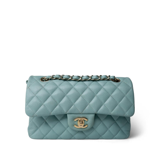 20c Tiffany Blue Caviar Quilted Classic Flap Small Light Gold Hardware