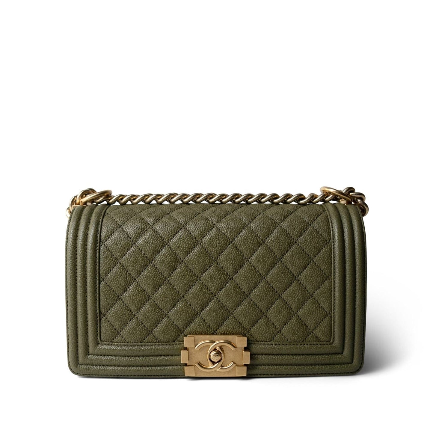 Khaki Caviar Quilted Old Medium Boy Bag Aged Gold Hardware