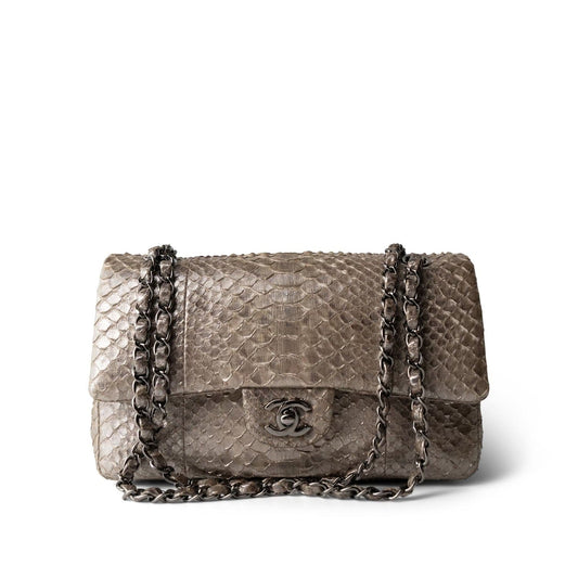 Grey Metallic Python Medium Classic Double Flap