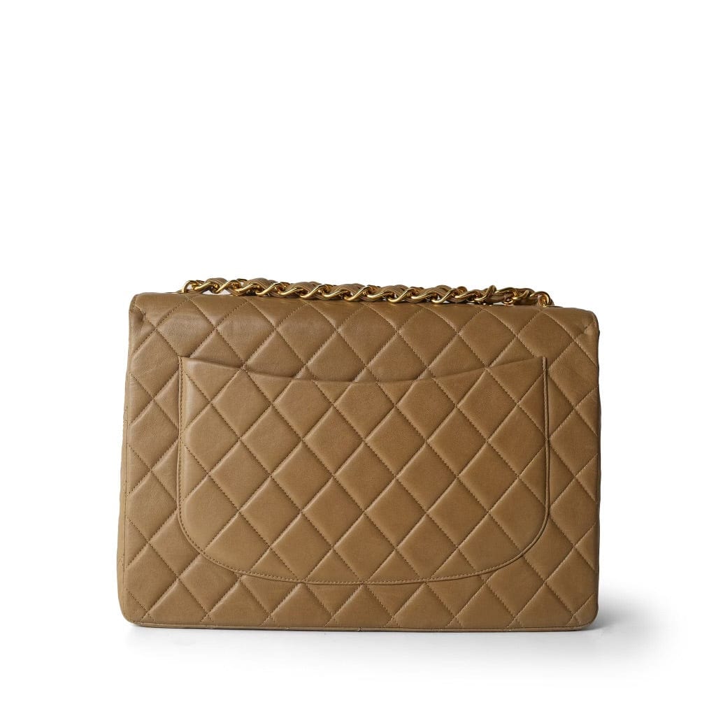 Vintage Dark Beige Lambskin Quilted Classic Single Flap Jumbo GHW