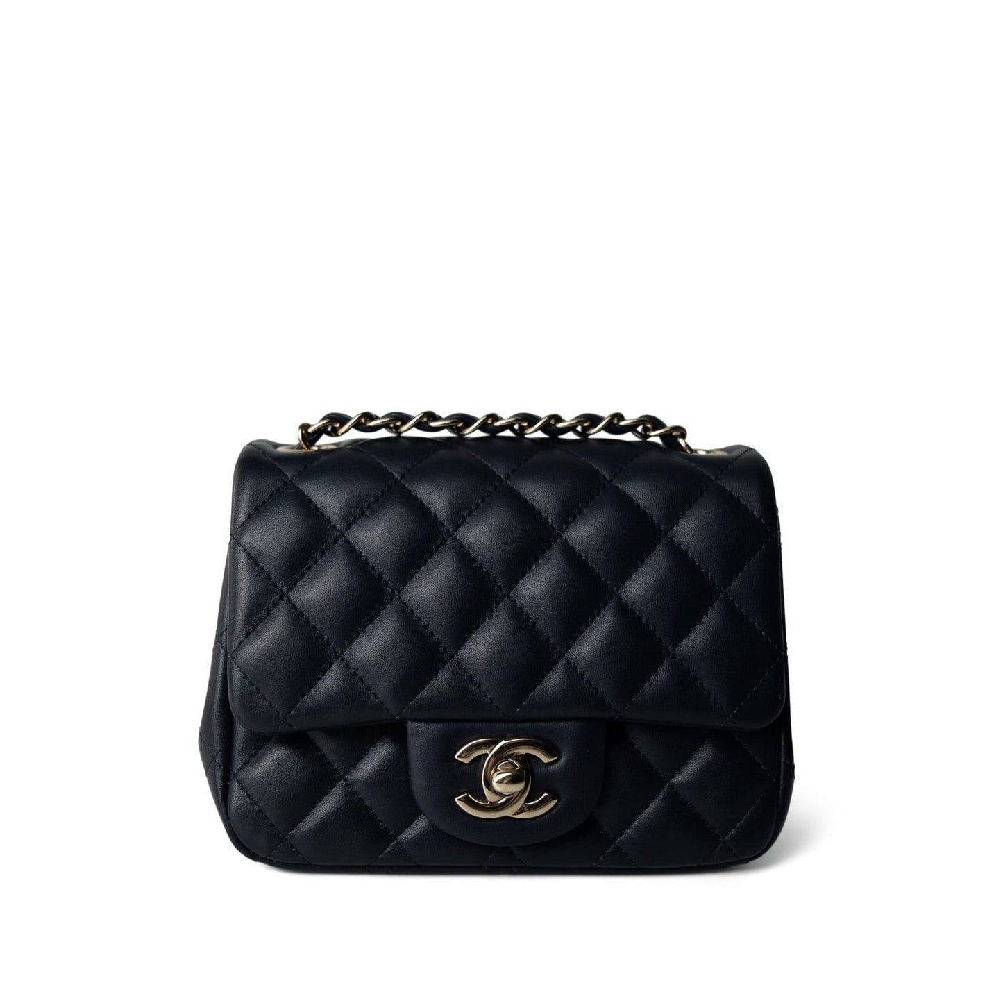 Navy Lambskin Quilted Mini Square Flap Bag LGHW