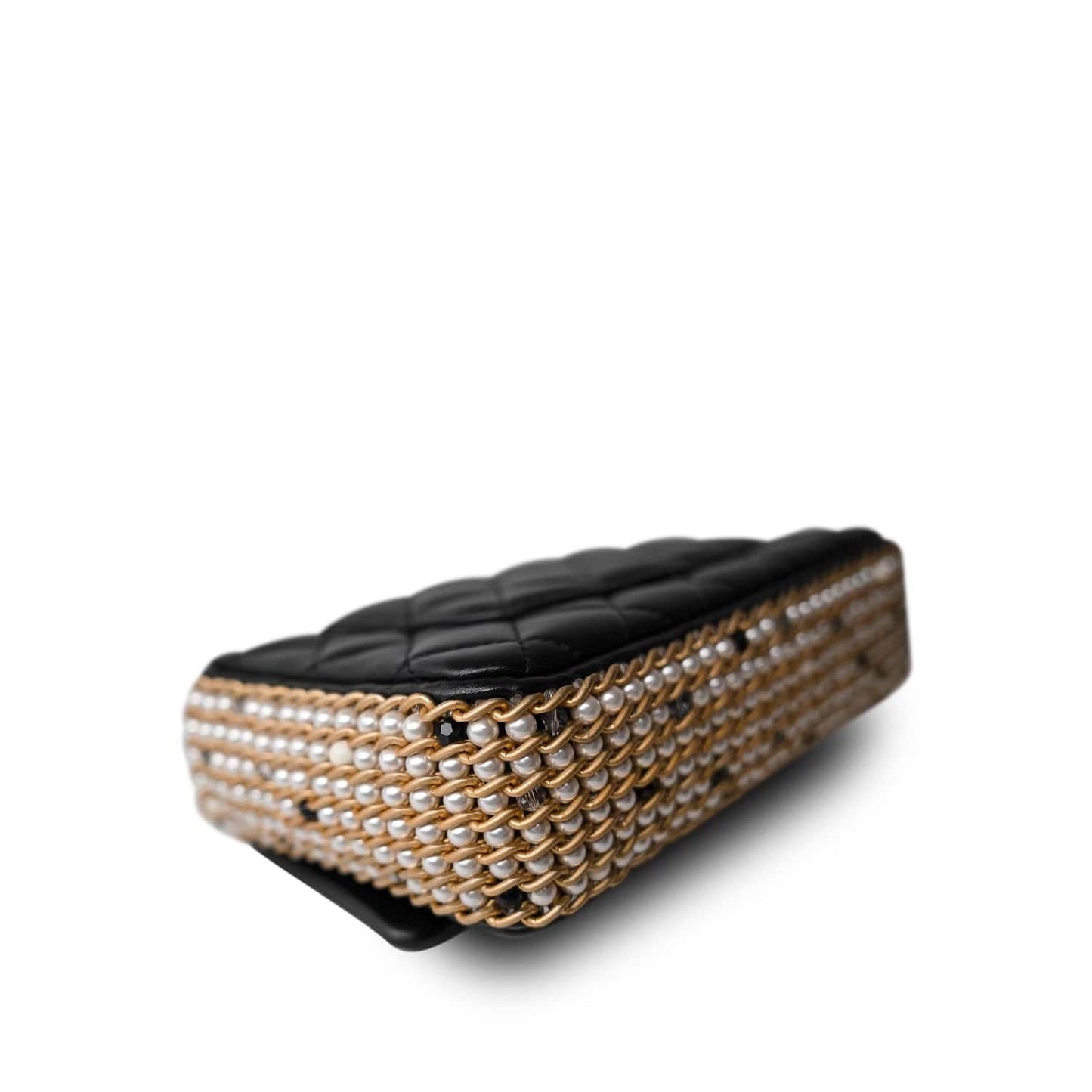 Black Lambskin Quilted Mini River of Pearls Flap Bag Aged Gold Hardware