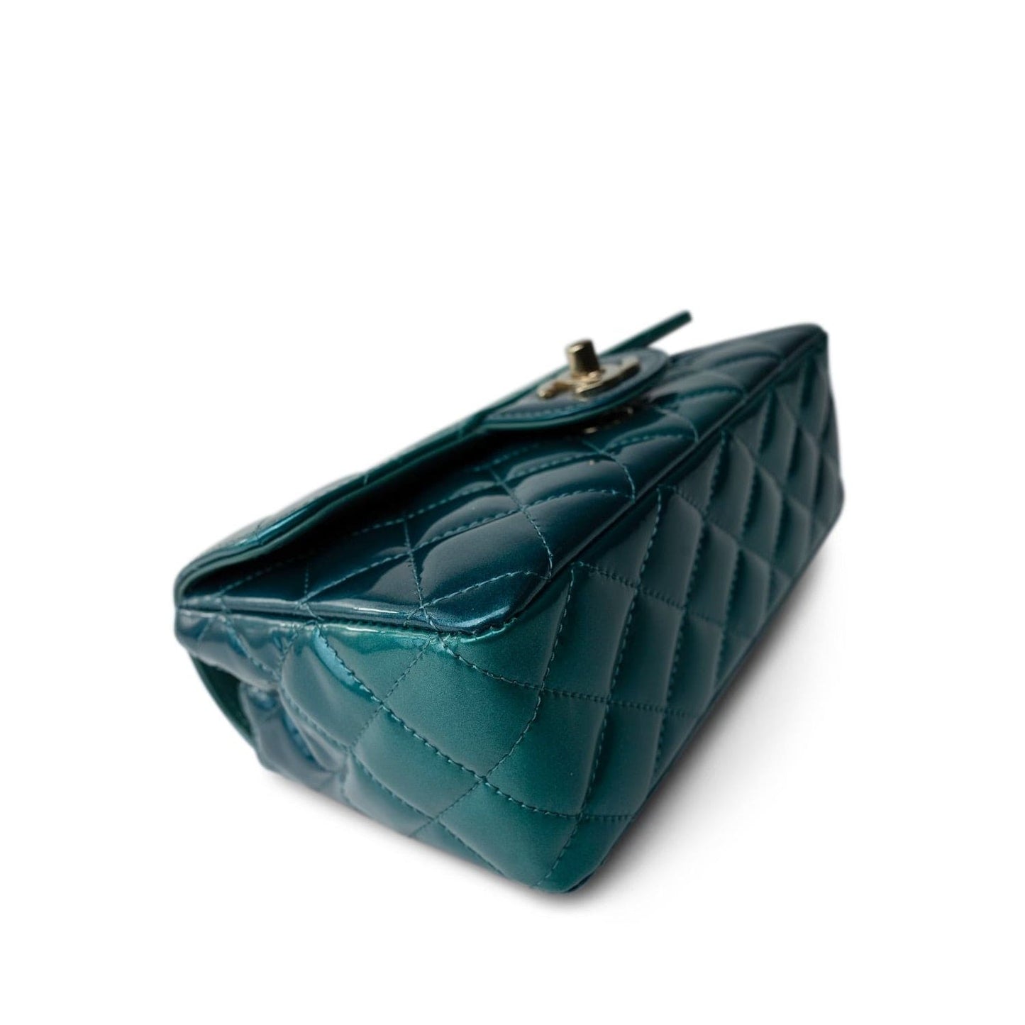 23P Multi Tone Green Patent Quilted Mini Rectangular Flap Light Gold Hardware