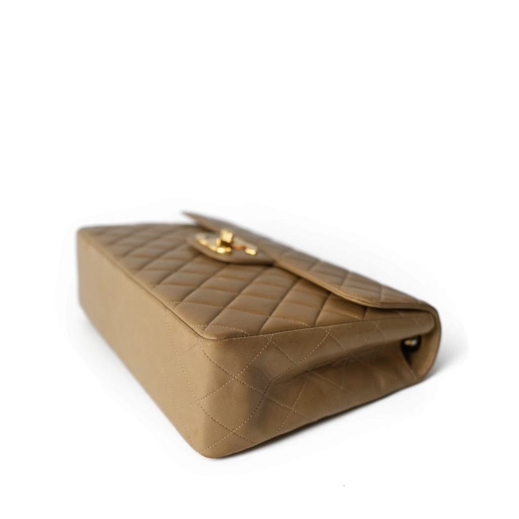 Vintage Dark Beige Lambskin Quilted Classic Single Flap Jumbo GHW