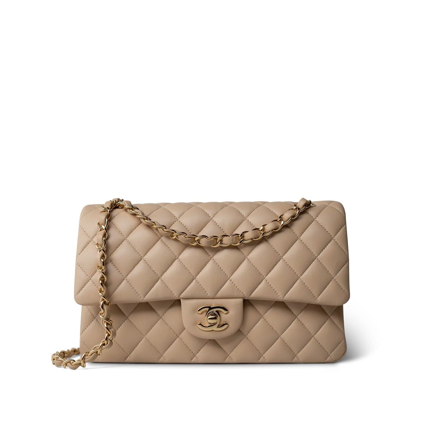 Beige Lambskin Quilted Classic Flap Medium Gold Hardware