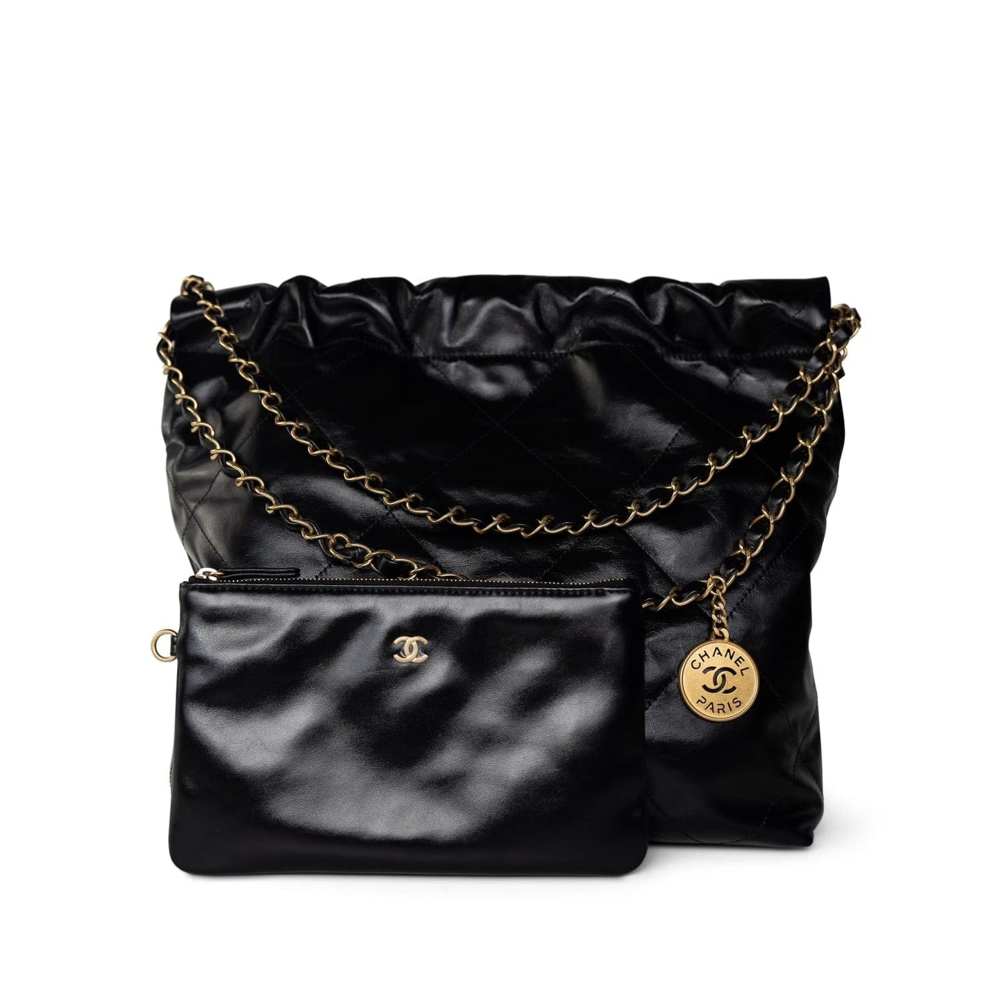 24C Black Calfskin Quilted 22 Hobo Bag Small Antique Gold Hardware