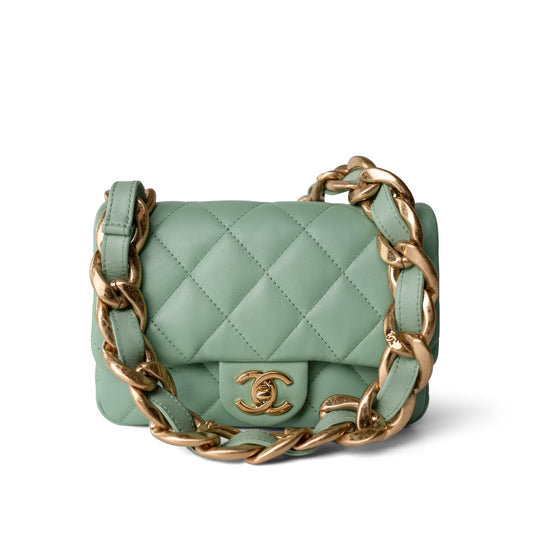 23P Light Green Lambskin Quilted Funkytown Flap Bag Antique Gold Hardware