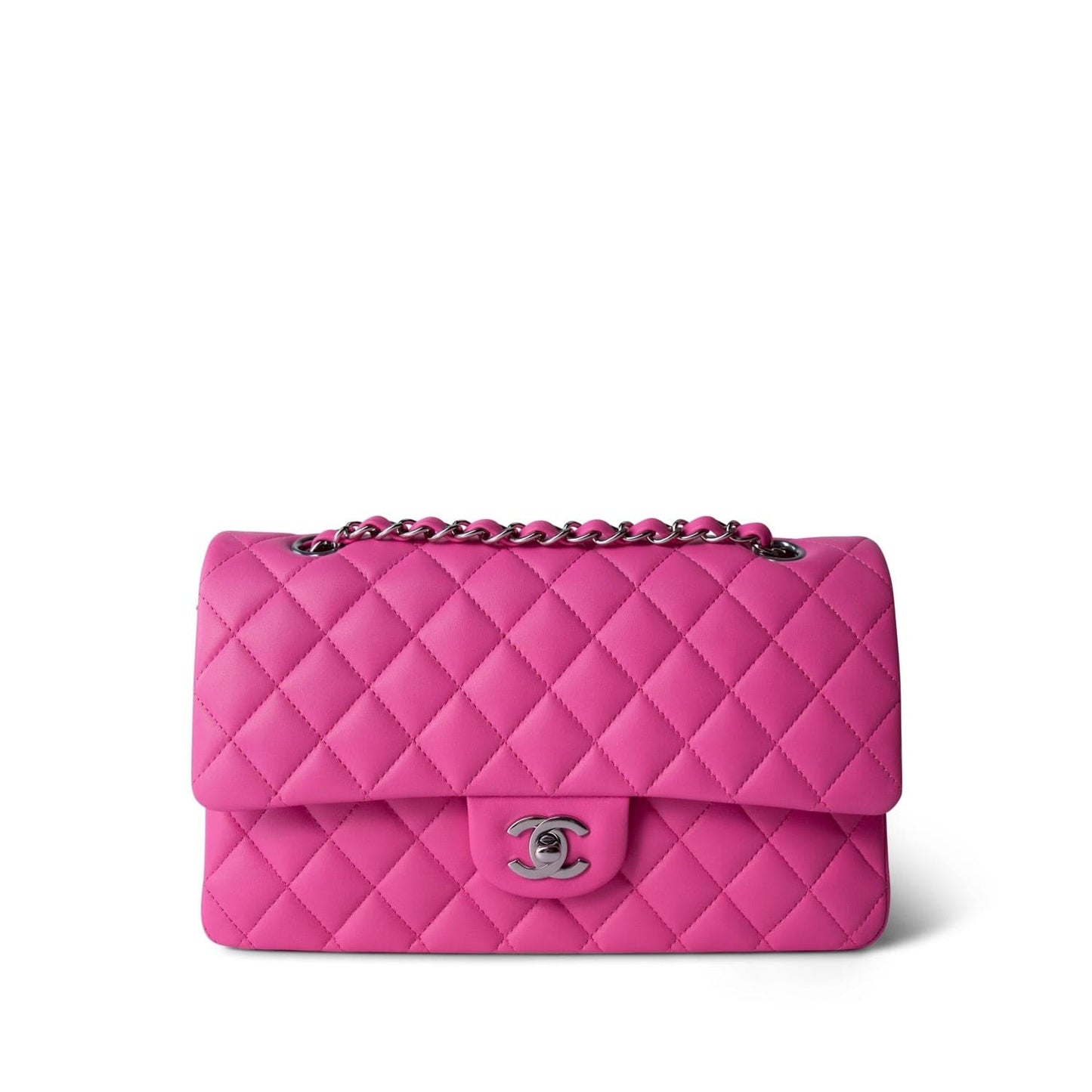 21S Neon Pink Lambskin Quilted Classic Flap Medium Silver Hardware