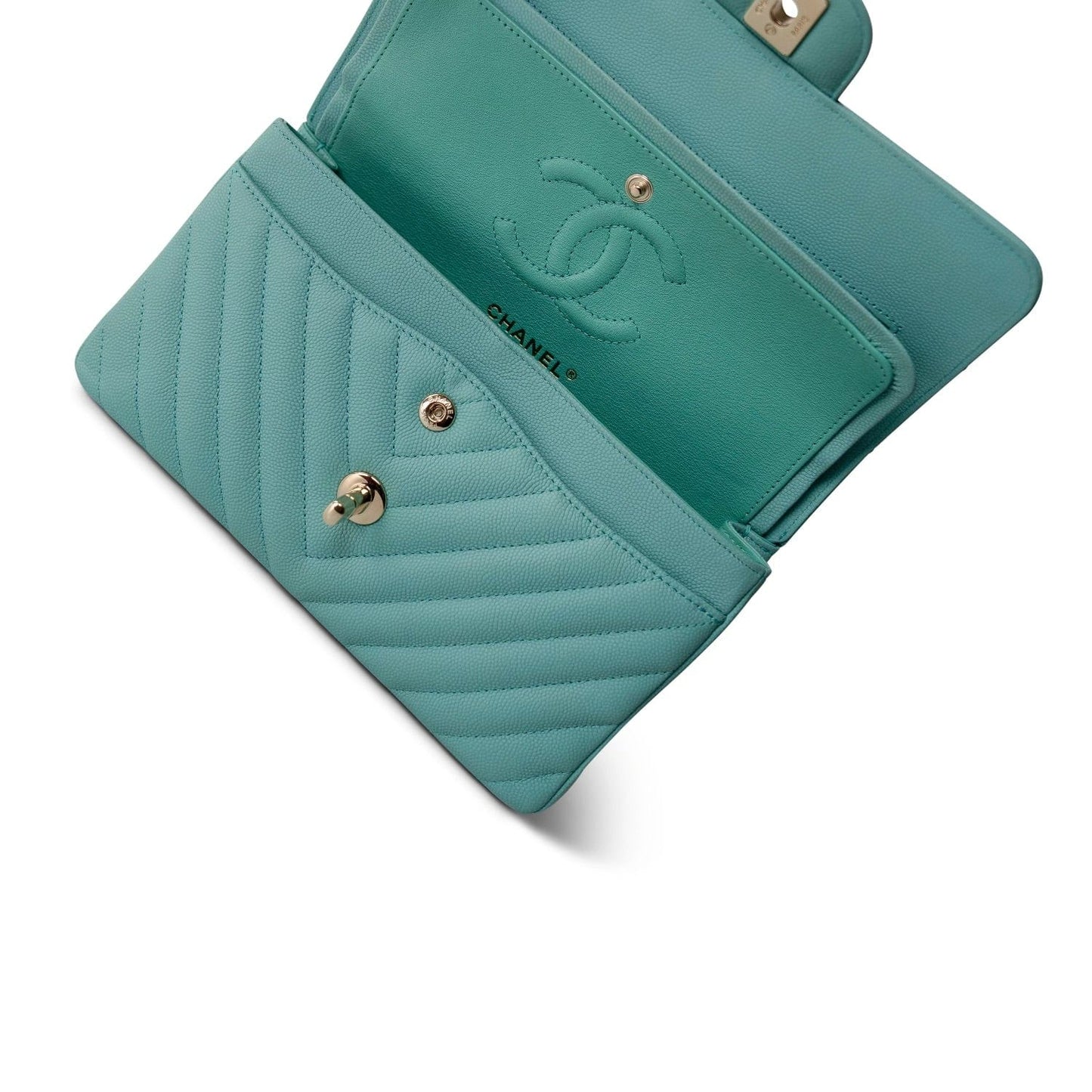 Tiffany Blue Caviar Chevron Quilted Classic Flap Small LGHW