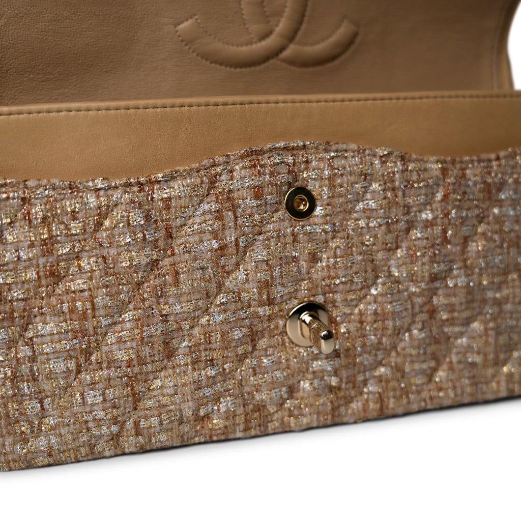Bronze Gold Silver Tweed Quilted Beige Classic Flap Medium