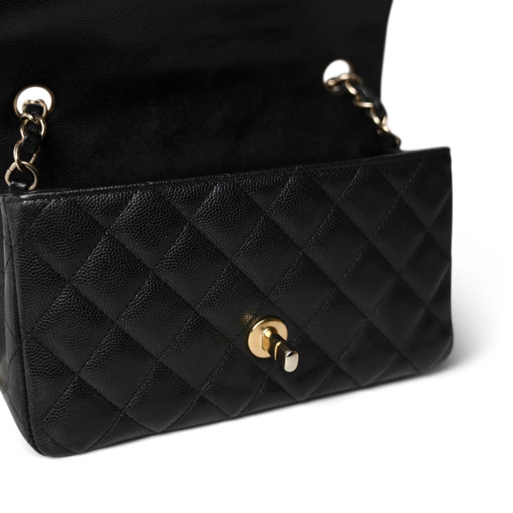 Black Caviar Quilted Mini Rectangular Flap Light Gold Hardware