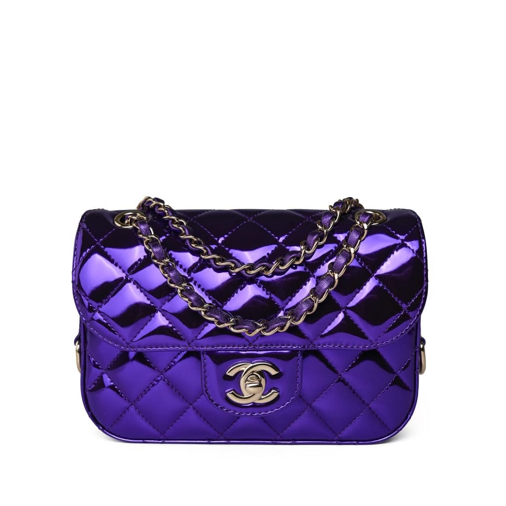 24c Shiny Purple Calfskin Quilted Flap Bag & Star Coin Purse