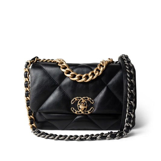 22A Black Lambskin Quilted 19 Flap Small Mixed Hardware