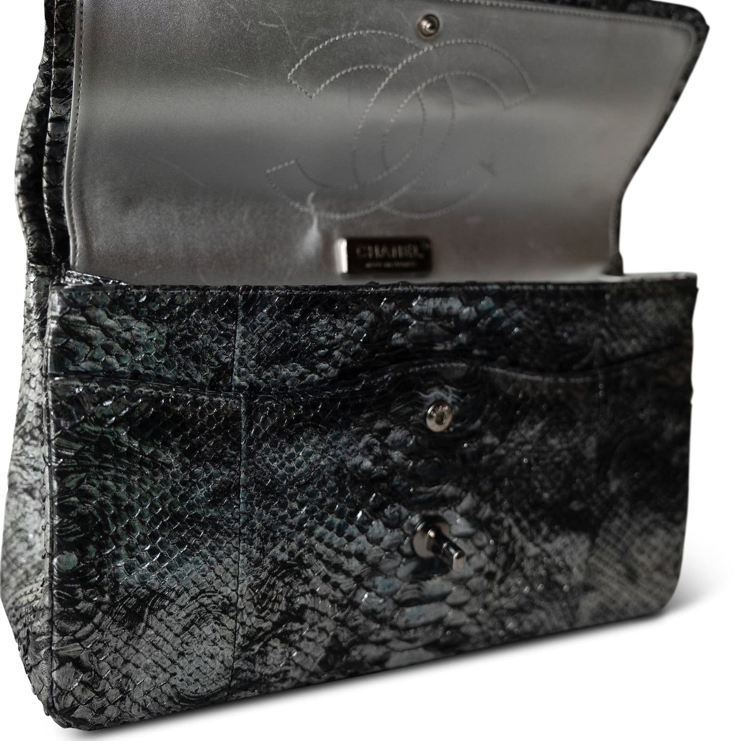 Black Silver Metallic Python Jumbo Double Flap