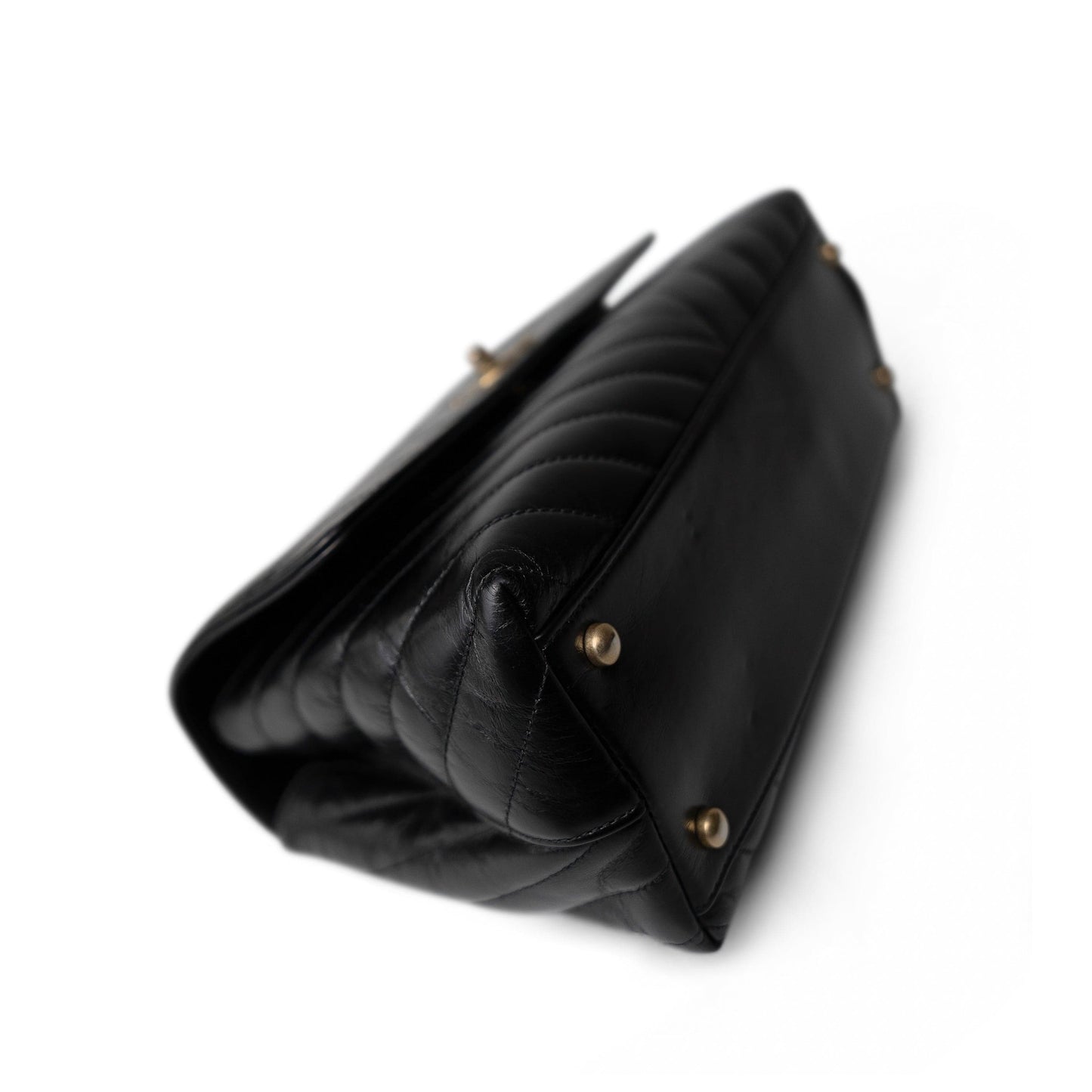 Black Chevron Calfskin Coco Handle Flap Medium (Old Small) Aged Gold Hardware