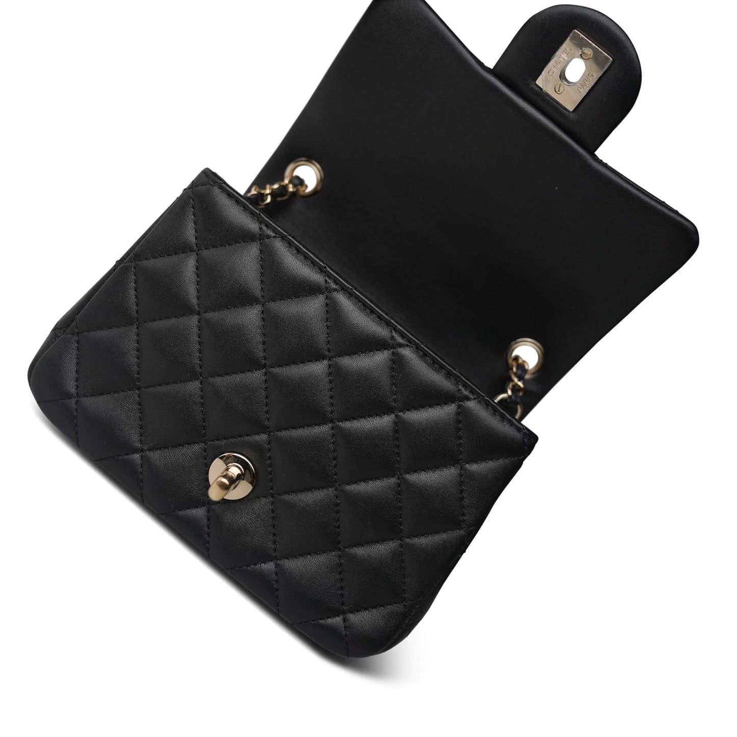 Black Lambskin Quilted Pearl Crush Mini Square Flap Light Gold Hardware