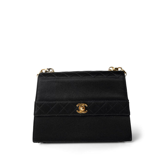 Vintage Black CC Satin Trapezoid Flap Bag