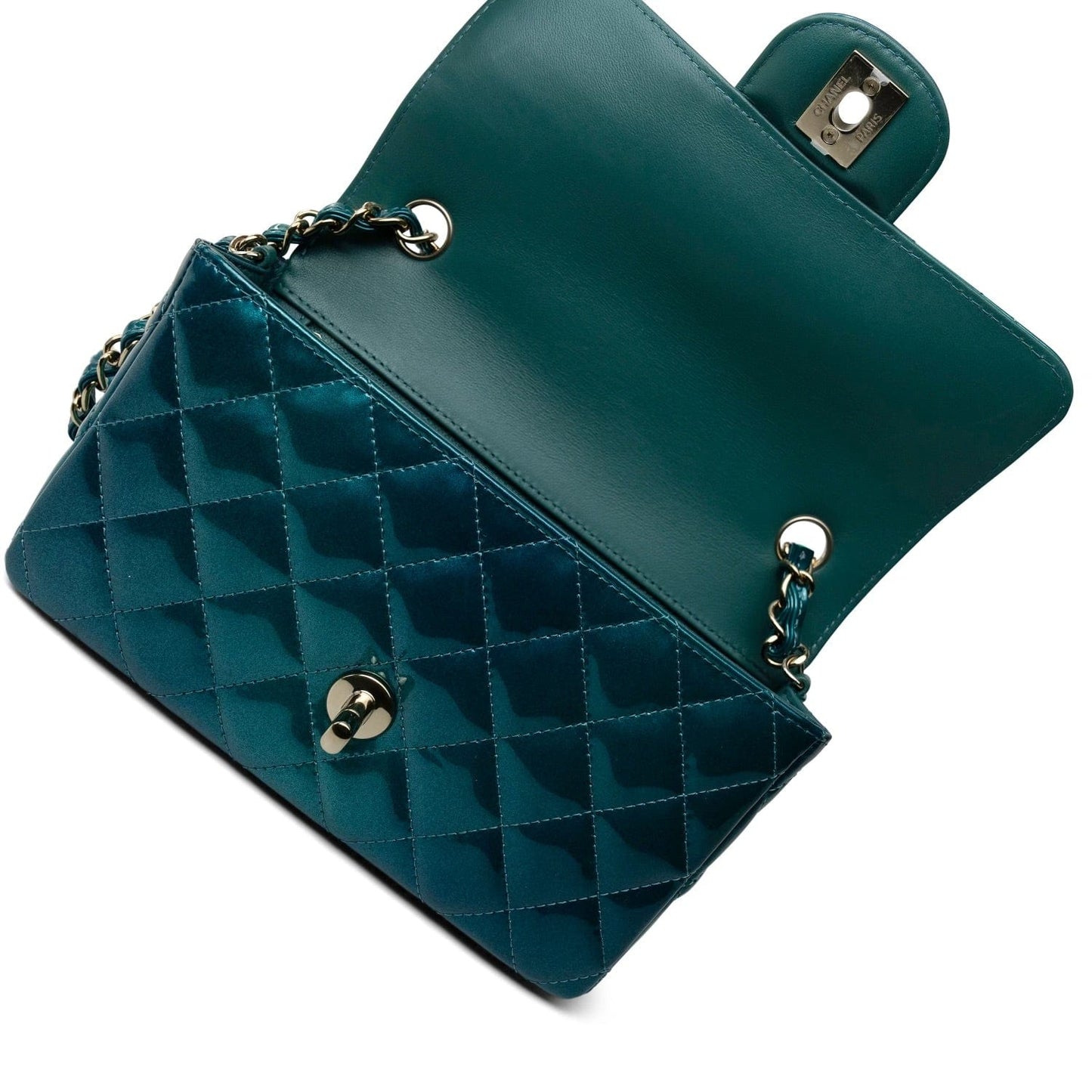 23P Multi Tone Green Patent Quilted Mini Rectangular Flap Light Gold Hardware