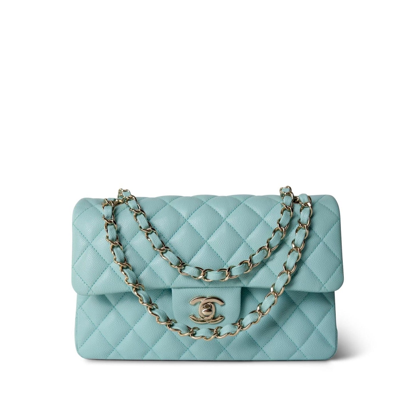 19C Tiffany Blue Caviar Quilted Classic Flap Small Light Gold Hardware