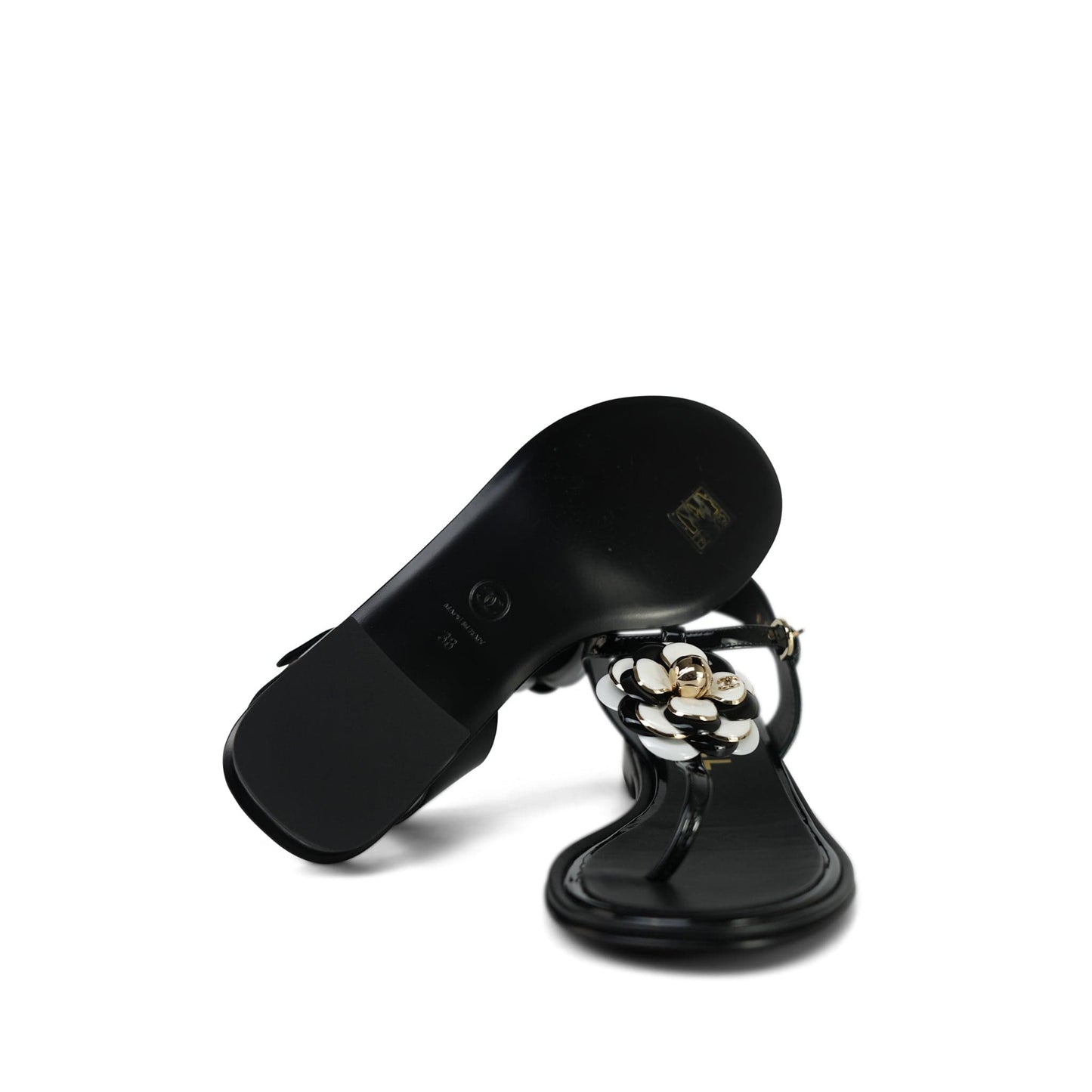 22A Black/White Patent Calfskin Camellia Thong Sandals Size 38