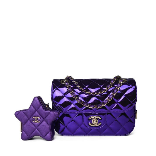 24c Shiny Purple Calfskin Quilted Flap Bag & Star Coin Purse
