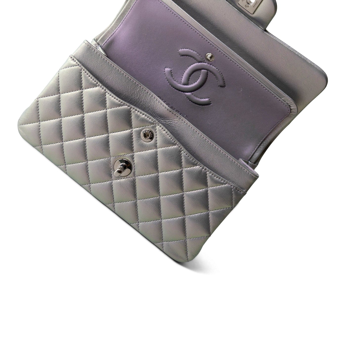 21K Iridescent Pearl Lilac Calfskin Quilted Classic Double Flap Small SHW