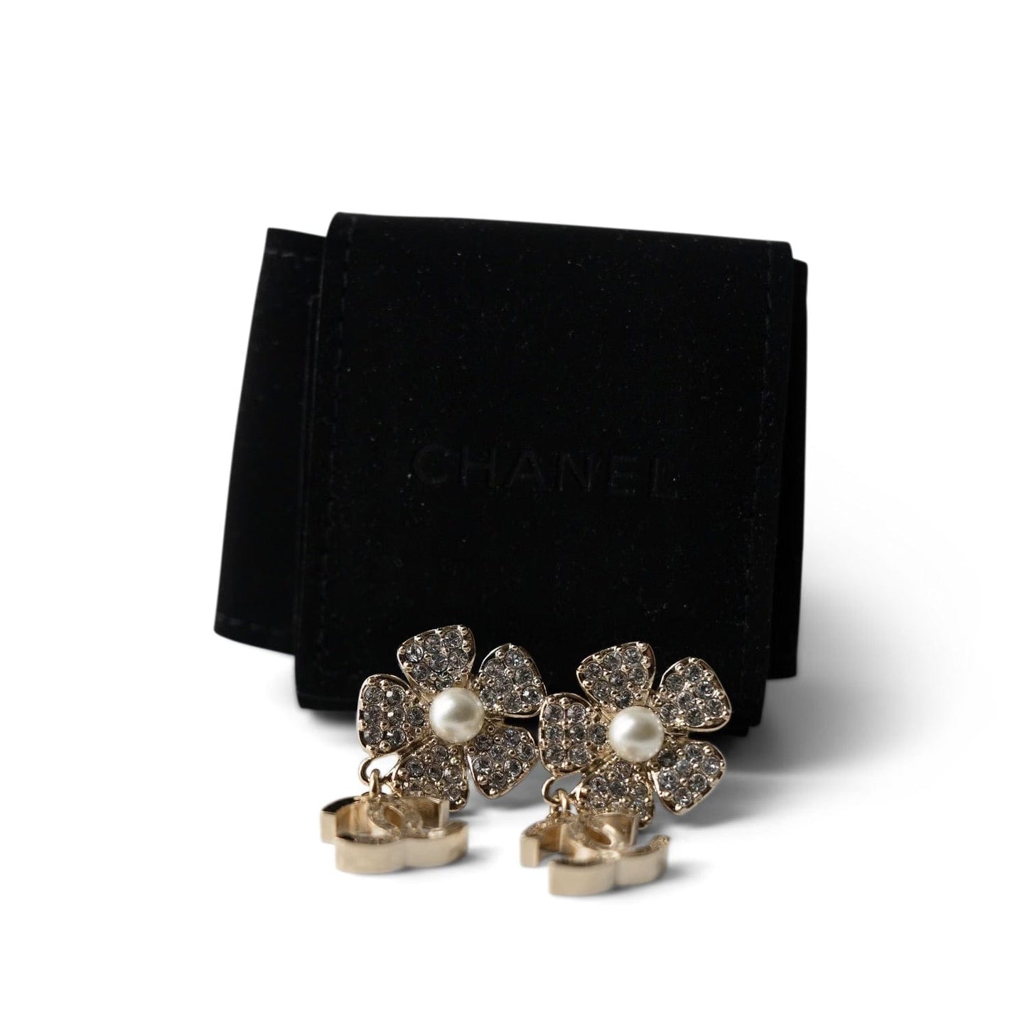 23S Gold Pearl Crystal Flower Drop CC Earrings