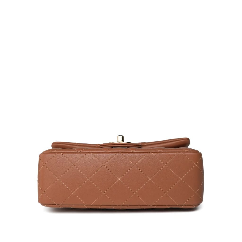 22S Caramel Lambskin Quilted Mini Rectangular Flap Light Gold Hardware