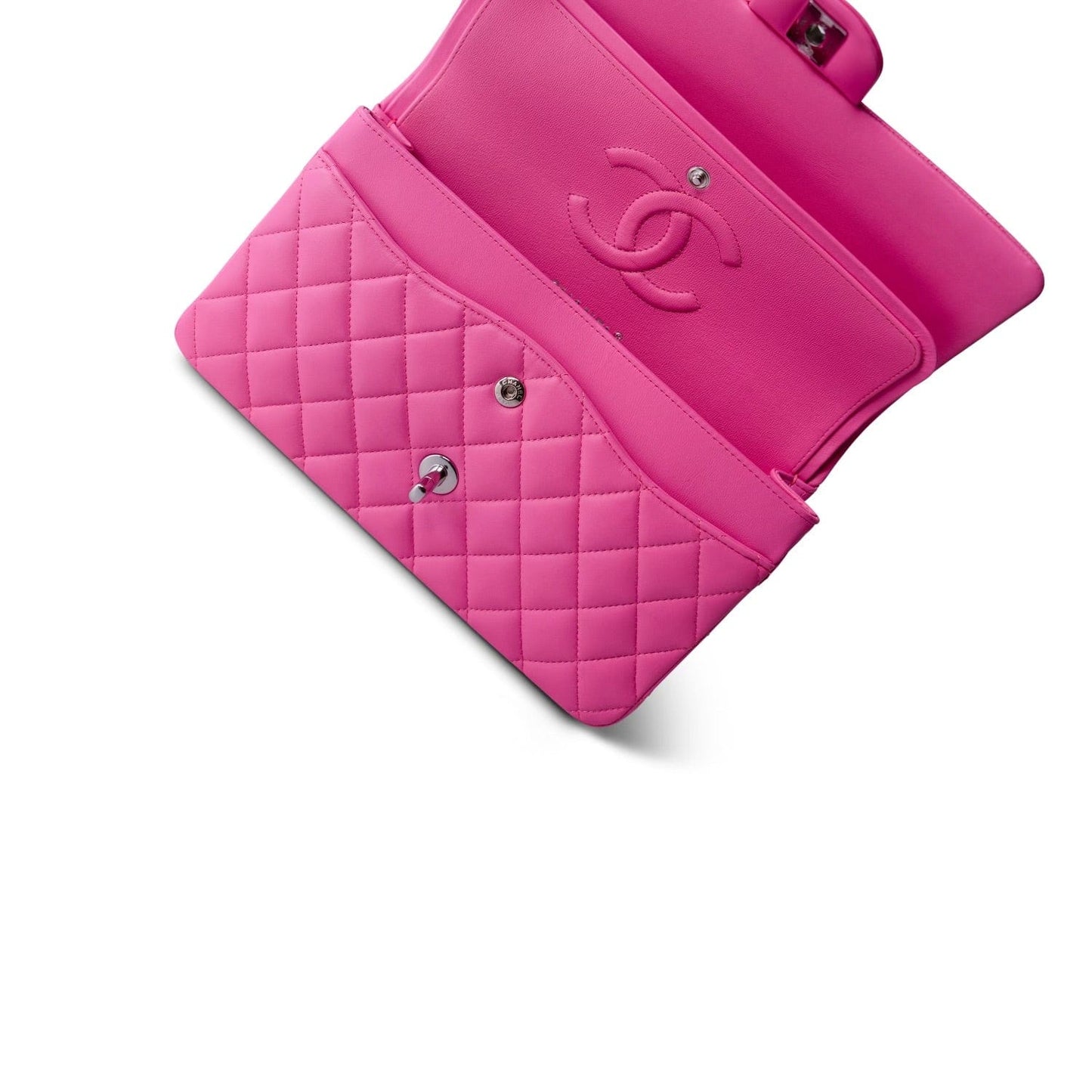 21S Neon Pink Lambskin Quilted Classic Flap Medium Silver Hardware