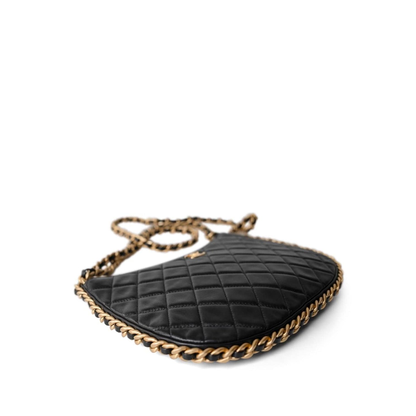 23B Black Shiny Crumpled Lambskin Quilted Large CC Hobo Bag Aged Gold Hardware