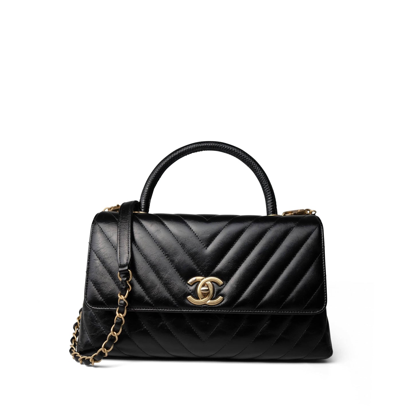Black Chevron Calfskin Coco Handle Flap Medium (Old Small) Aged Gold Hardware