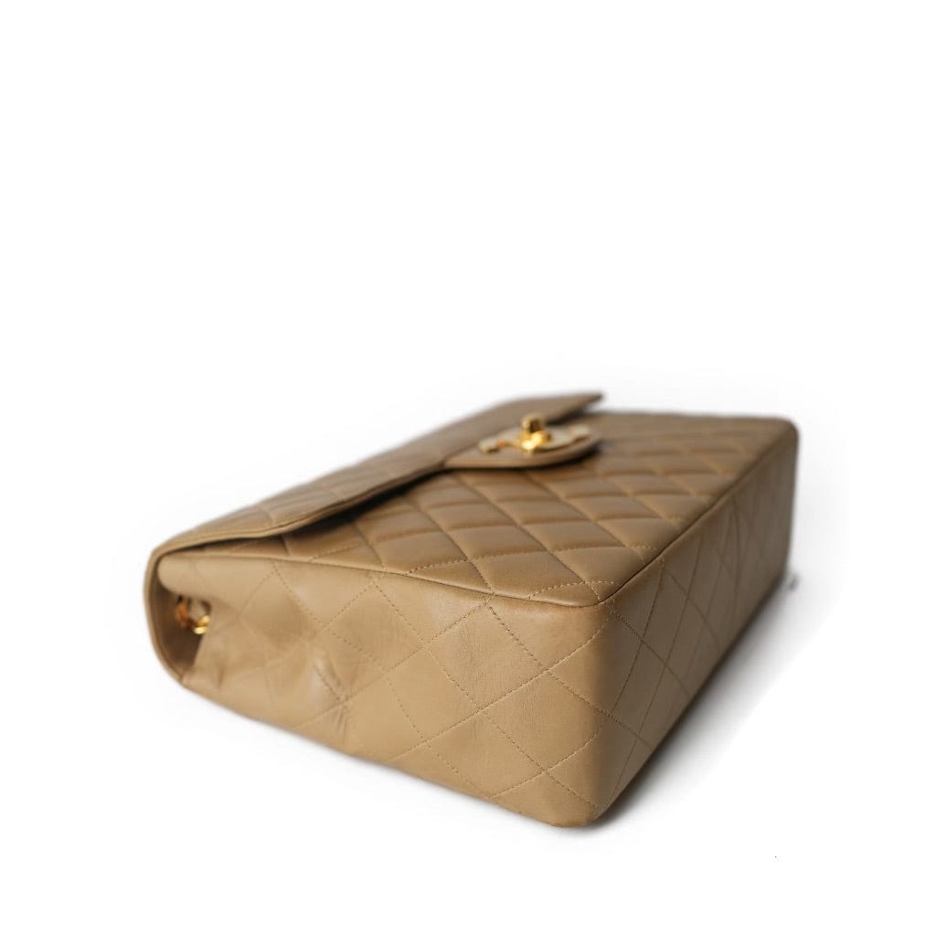 Vintage Dark Beige Lambskin Quilted Classic Single Flap Jumbo GHW