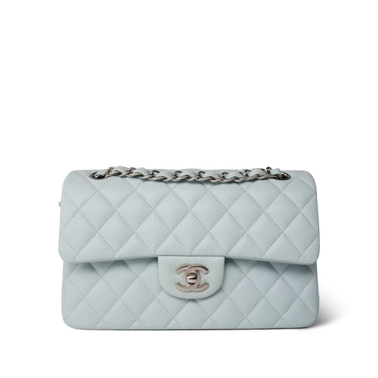 Light Blue Caviar Quilted Classic Flap Small Silver Hardware