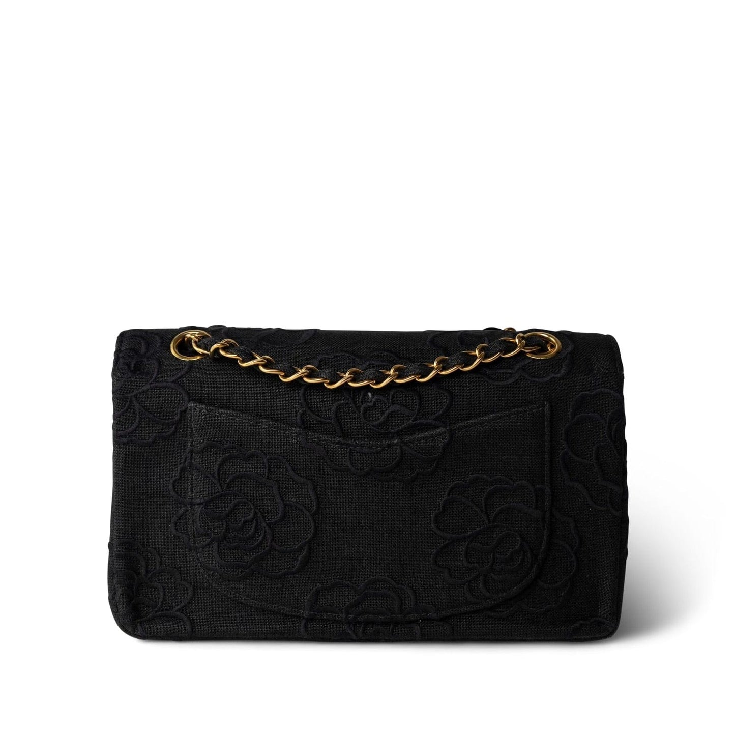 (SOLD!!!) Vintage Black Canvas Camellia Classic Small Double Flap Gold Hardware