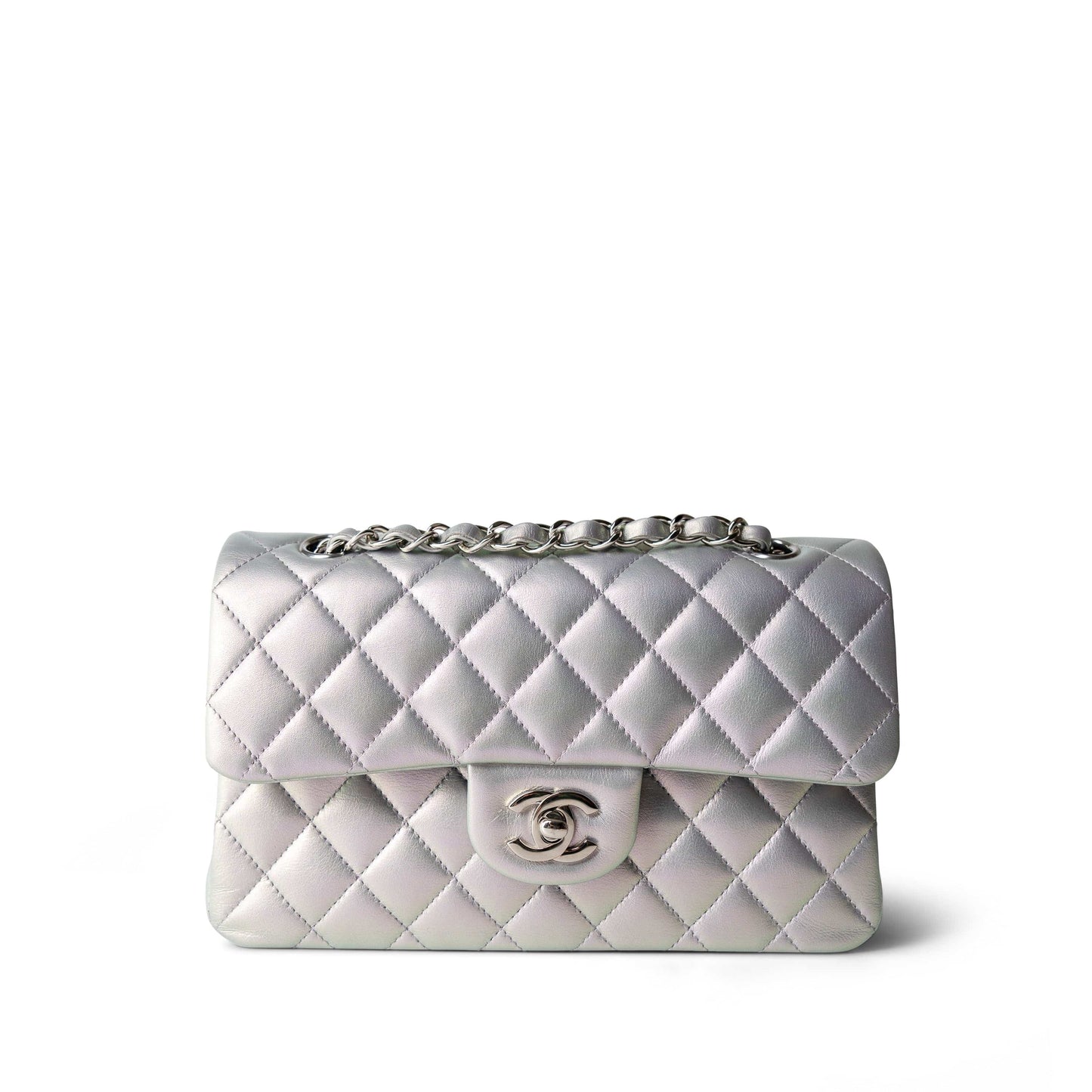 21K Iridescent Pearl Lilac Calfskin Quilted Classic Double Flap Small SHW