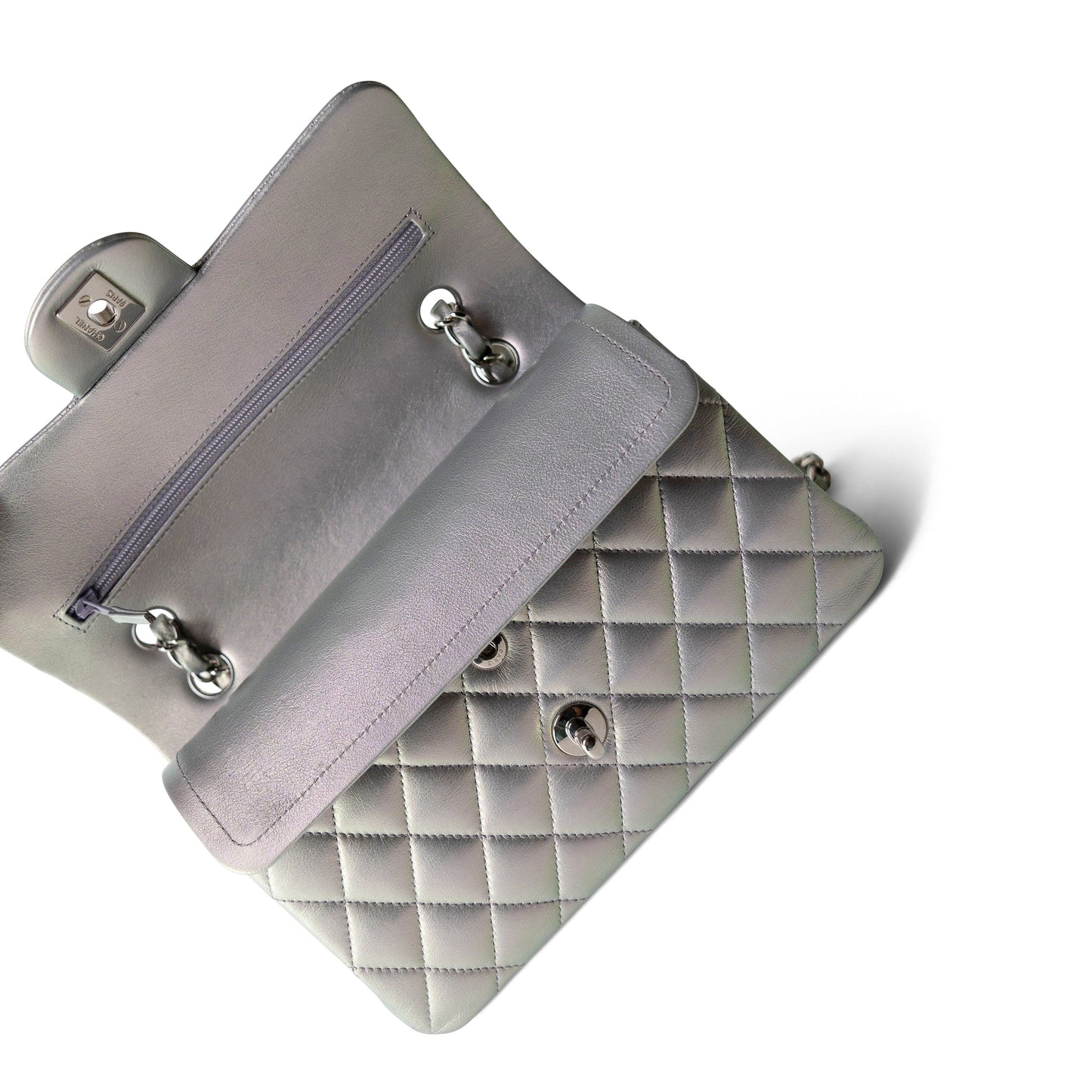 21K Iridescent Pearl Lilac Calfskin Quilted Classic Double Flap Small SHW