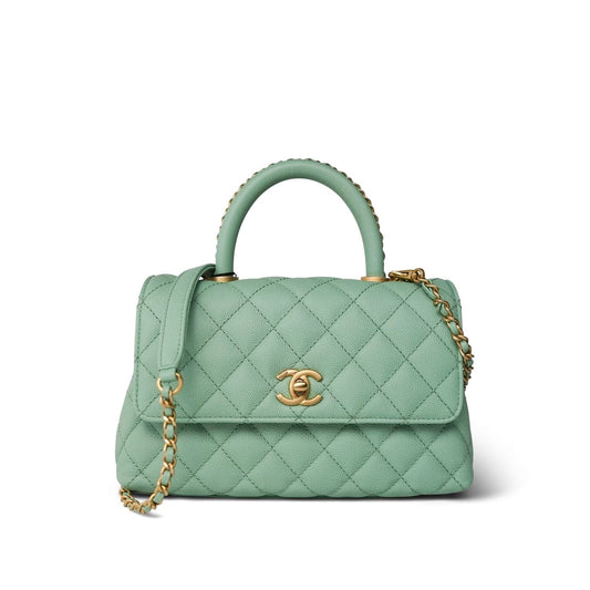23P Light Green Caviar Quilted Coco Chain Handle Small Aged Gold Hardware